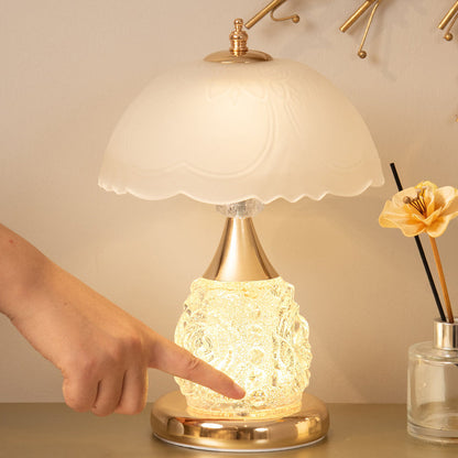 Modern Luxury Rechargeable Iron Glass Frosted Dome Petal Rose LED Table Lamp For Bedside