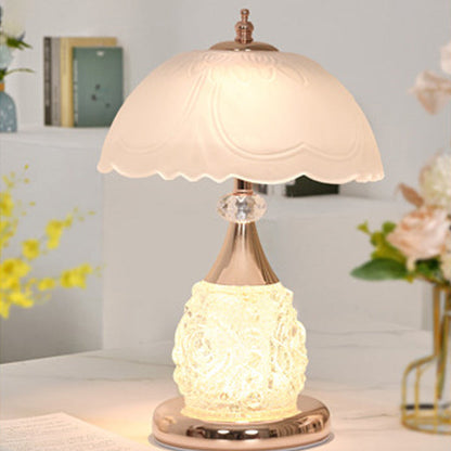 Modern Luxury Rechargeable Iron Glass Frosted Dome Petal Rose LED Table Lamp For Bedside
