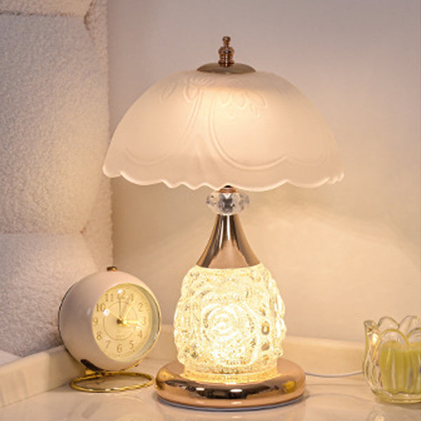 Modern Luxury Rechargeable Iron Glass Frosted Dome Petal Rose LED Table Lamp For Bedside