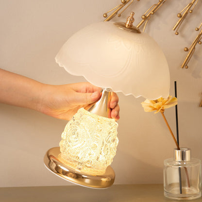 Modern Luxury Rechargeable Iron Glass Frosted Dome Petal Rose LED Table Lamp For Bedside