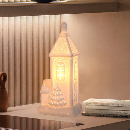 Contemporary Nordic Battery Ceramic Pointed House Christmas Tree LED Table Lamp Night Light For Bedroom