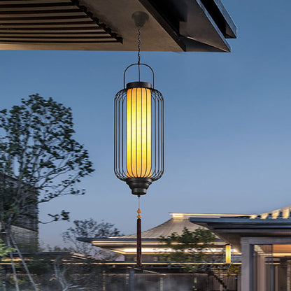 Traditional Chinese Waterproof Carbon Steel Imitation Marble Lantern Cylinder Hollowed Cage 1-Light Pendant Light Outdoor Light For Outdoor Patio