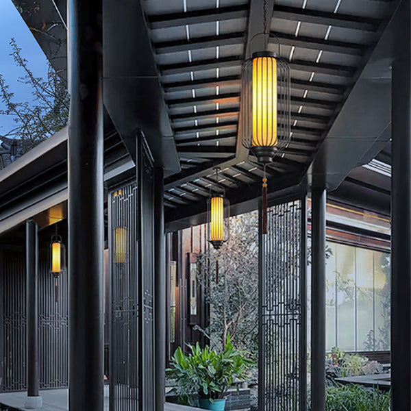 Traditional Chinese Waterproof Carbon Steel Imitation Marble Lantern Cylinder Hollowed Cage 1-Light Pendant Light Outdoor Light For Outdoor Patio