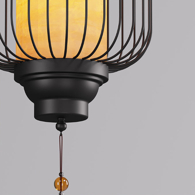 Traditional Chinese Waterproof Carbon Steel Imitation Marble Lantern Cylinder Hollowed Cage 1-Light Pendant Light Outdoor Light For Outdoor Patio
