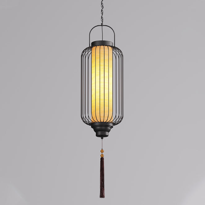 Traditional Chinese Waterproof Carbon Steel Imitation Marble Lantern Cylinder Hollowed Cage 1-Light Pendant Light Outdoor Light For Outdoor Patio