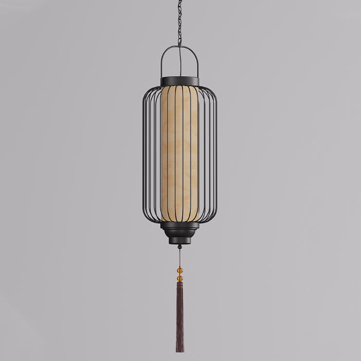 Traditional Chinese Waterproof Carbon Steel Imitation Marble Lantern Cylinder Hollowed Cage 1-Light Pendant Light Outdoor Light For Outdoor Patio