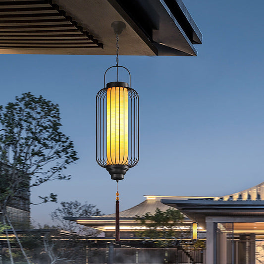 Traditional Chinese Waterproof Carbon Steel Imitation Marble Lantern Cylinder Hollowed Cage 1-Light Pendant Light Outdoor Light For Outdoor Patio