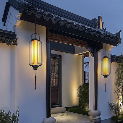 Traditional Chinese Waterproof Carbon Steel Imitation Marble Lantern Cylinder Hollowed Cage 1-Light Pendant Light Outdoor Light For Outdoor Patio