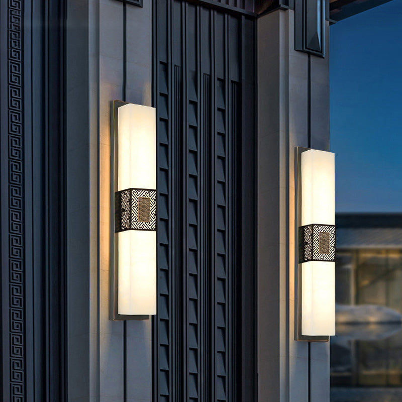 Traditional Chinese Waterproof Copper Imitation Marble Rectangular Lucky Cloud LED Wall Sconce Lamp For Outdoor Patio