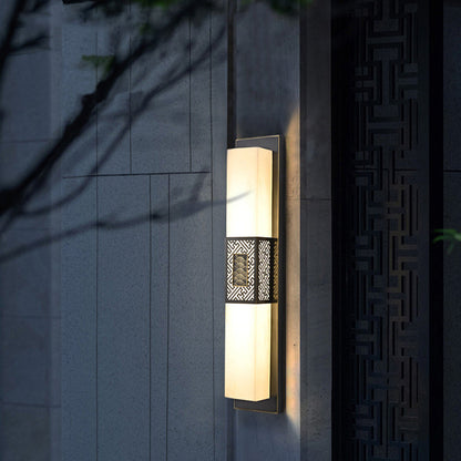 Traditional Chinese Waterproof Copper Imitation Marble Rectangular Lucky Cloud LED Wall Sconce Lamp For Outdoor Patio