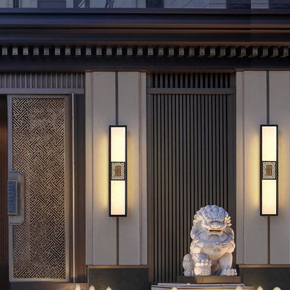 Traditional Chinese Waterproof Copper Imitation Marble Rectangular Lucky Cloud LED Wall Sconce Lamp For Outdoor Patio