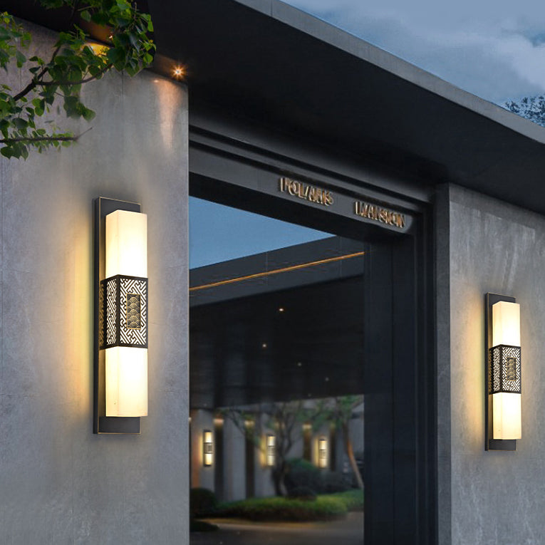 Traditional Chinese Waterproof Copper Imitation Marble Rectangular Lucky Cloud LED Wall Sconce Lamp For Outdoor Patio