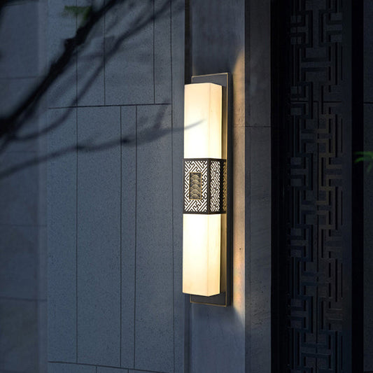 Traditional Chinese Waterproof Copper Imitation Marble Rectangular Lucky Cloud LED Wall Sconce Lamp For Outdoor Patio