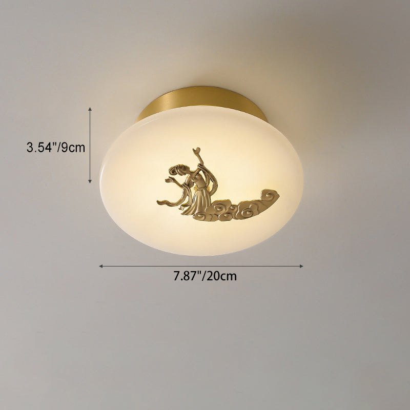 Traditional Chinese Round Brass Marble Lucky Cloud Bird Leaf Tree Flower LED Semi-Flush Mount Ceiling Light For Hallway