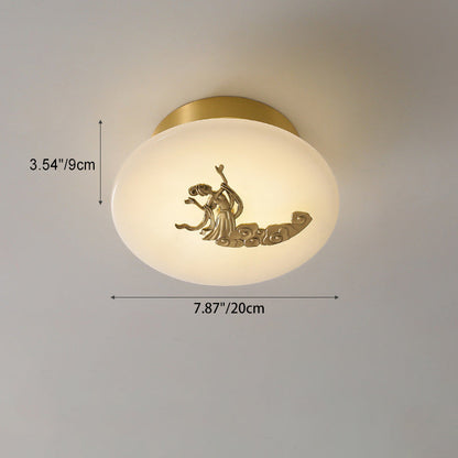Traditional Chinese Round Brass Marble Lucky Cloud Bird Leaf Tree Flower LED Semi-Flush Mount Ceiling Light For Hallway