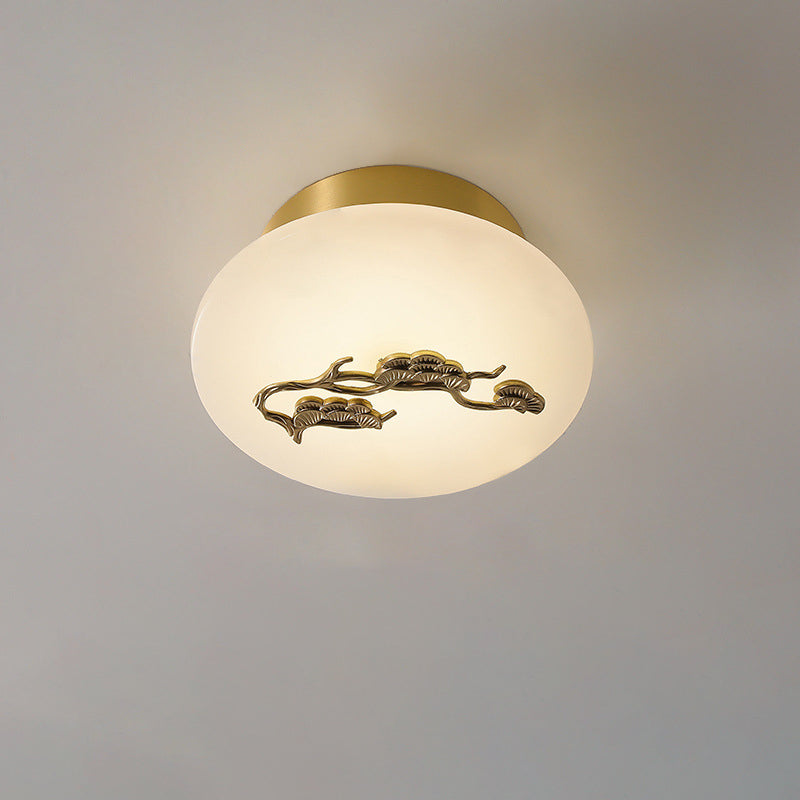 Traditional Chinese Round Brass Marble Lucky Cloud Bird Leaf Tree Flower LED Semi-Flush Mount Ceiling Light For Hallway