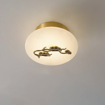 Traditional Chinese Round Brass Marble Lucky Cloud Bird Leaf Tree Flower LED Semi-Flush Mount Ceiling Light For Hallway