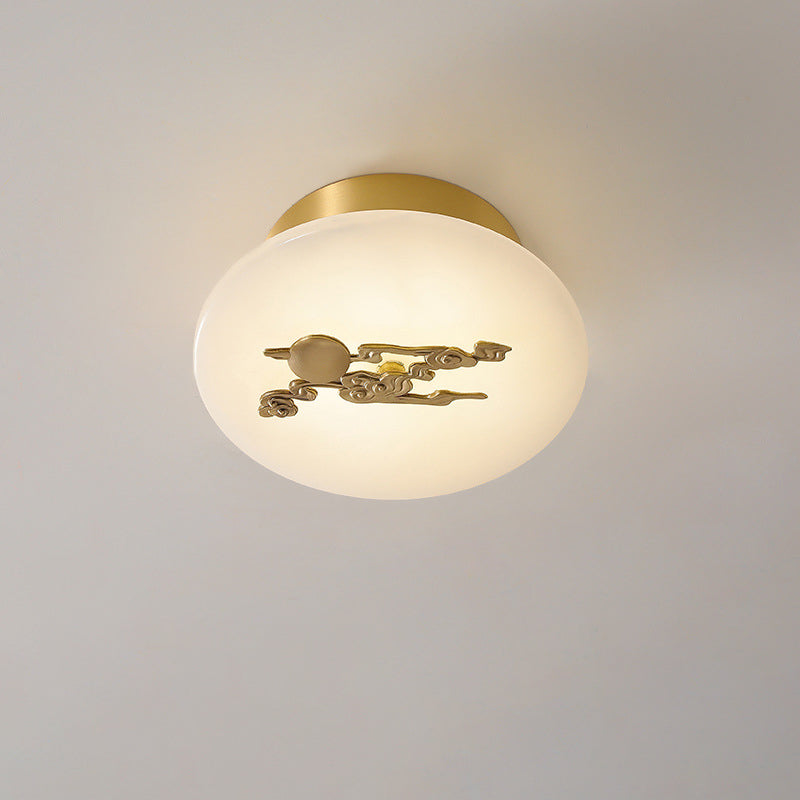 Traditional Chinese Round Brass Marble Lucky Cloud Bird Leaf Tree Flower LED Semi-Flush Mount Ceiling Light For Hallway