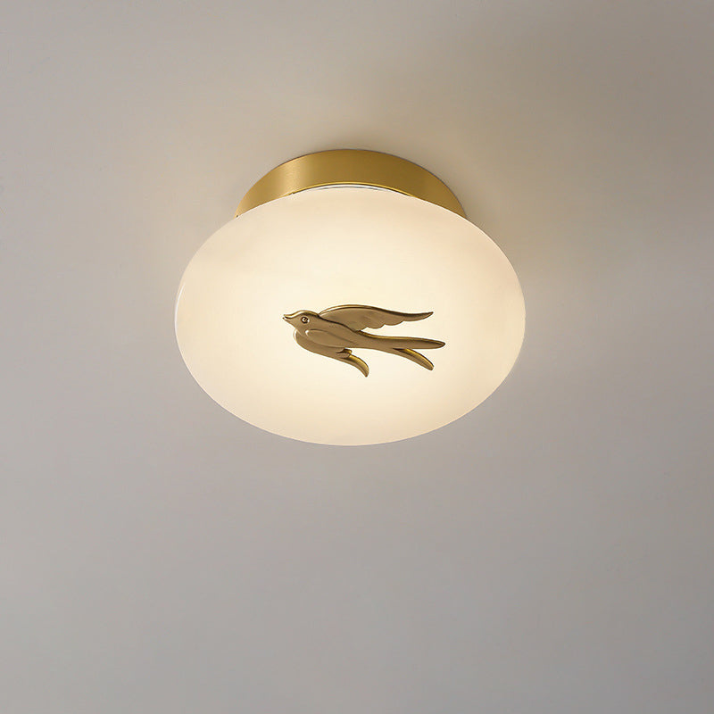 Traditional Chinese Round Brass Marble Lucky Cloud Bird Leaf Tree Flower LED Semi-Flush Mount Ceiling Light For Hallway
