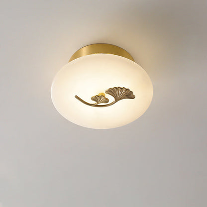 Traditional Chinese Round Brass Marble Lucky Cloud Bird Leaf Tree Flower LED Semi-Flush Mount Ceiling Light For Hallway