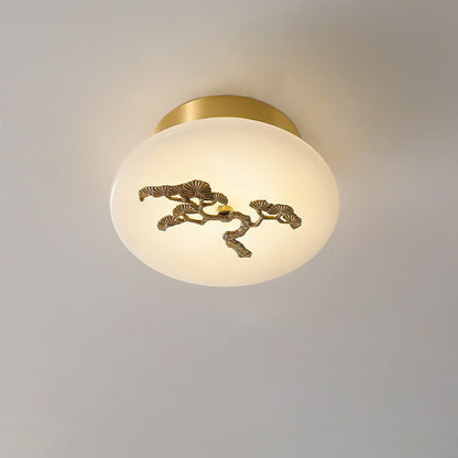 Traditional Chinese Round Brass Marble Lucky Cloud Bird Leaf Tree Flower LED Semi-Flush Mount Ceiling Light For Hallway