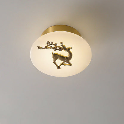 Traditional Chinese Round Brass Marble Lucky Cloud Bird Leaf Tree Flower LED Semi-Flush Mount Ceiling Light For Hallway