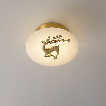 Traditional Chinese Round Brass Marble Lucky Cloud Bird Leaf Tree Flower LED Semi-Flush Mount Ceiling Light For Hallway