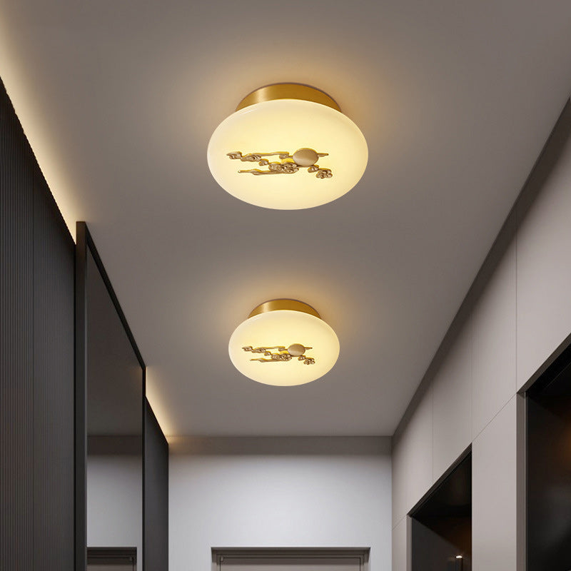Traditional Chinese Round Brass Marble Lucky Cloud Bird Leaf Tree Flower LED Semi-Flush Mount Ceiling Light For Hallway