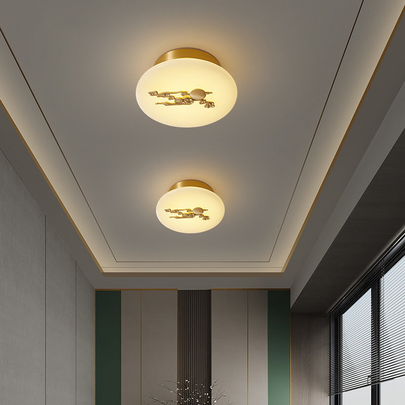 Traditional Chinese Round Brass Marble Lucky Cloud Bird Leaf Tree Flower LED Semi-Flush Mount Ceiling Light For Hallway