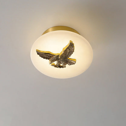 Traditional Chinese Round Brass Marble Lucky Cloud Bird Leaf Tree Flower LED Semi-Flush Mount Ceiling Light For Hallway