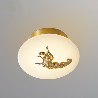 Traditional Chinese Round Brass Marble Lucky Cloud Bird Leaf Tree Flower LED Semi-Flush Mount Ceiling Light For Hallway