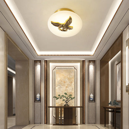 Traditional Chinese Round Brass Marble Lucky Cloud Bird Leaf Tree Flower LED Semi-Flush Mount Ceiling Light For Hallway