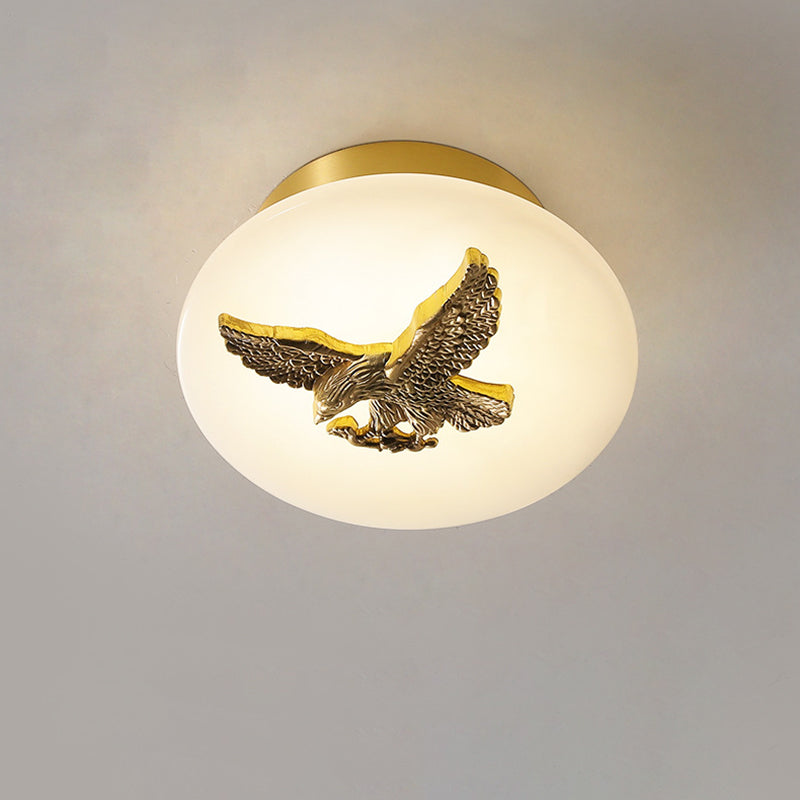 Traditional Chinese Round Brass Marble Lucky Cloud Bird Leaf Tree Flower LED Semi-Flush Mount Ceiling Light For Hallway