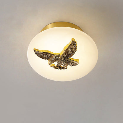 Traditional Chinese Round Brass Marble Lucky Cloud Bird Leaf Tree Flower LED Semi-Flush Mount Ceiling Light For Hallway