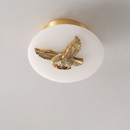 Traditional Chinese Round Brass Marble Lucky Cloud Bird Leaf Tree Flower LED Semi-Flush Mount Ceiling Light For Hallway