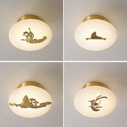 Traditional Chinese Round Brass Marble Lucky Cloud Bird Leaf Tree Flower LED Semi-Flush Mount Ceiling Light For Hallway