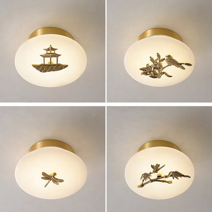 Traditional Chinese Round Brass Marble Lucky Cloud Bird Leaf Tree Flower LED Semi-Flush Mount Ceiling Light For Hallway