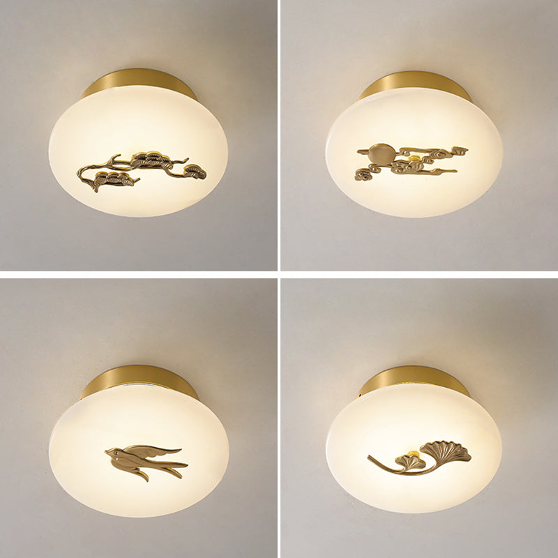 Traditional Chinese Round Brass Marble Lucky Cloud Bird Leaf Tree Flower LED Semi-Flush Mount Ceiling Light For Hallway