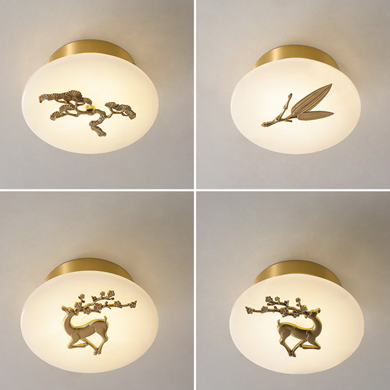 Traditional Chinese Round Brass Marble Lucky Cloud Bird Leaf Tree Flower LED Semi-Flush Mount Ceiling Light For Hallway