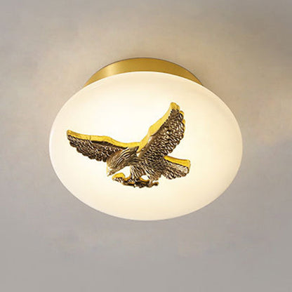 Traditional Chinese Round Brass Marble Lucky Cloud Bird Leaf Tree Flower LED Semi-Flush Mount Ceiling Light For Hallway