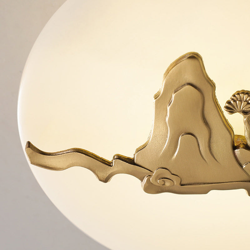 Traditional Chinese Round Brass Marble Lucky Cloud Bird Leaf Tree Flower LED Semi-Flush Mount Ceiling Light For Hallway