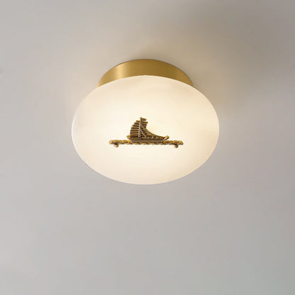Traditional Chinese Round Brass Marble Lucky Cloud Bird Leaf Tree Flower LED Semi-Flush Mount Ceiling Light For Hallway
