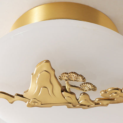 Traditional Chinese Round Brass Marble Lucky Cloud Bird Leaf Tree Flower LED Semi-Flush Mount Ceiling Light For Hallway