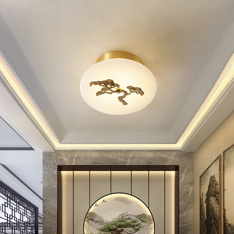 Traditional Chinese Round Brass Marble Lucky Cloud Bird Leaf Tree Flower LED Semi-Flush Mount Ceiling Light For Hallway