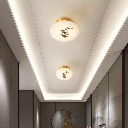 Traditional Chinese Round Brass Marble Lucky Cloud Bird Leaf Tree Flower LED Semi-Flush Mount Ceiling Light For Hallway
