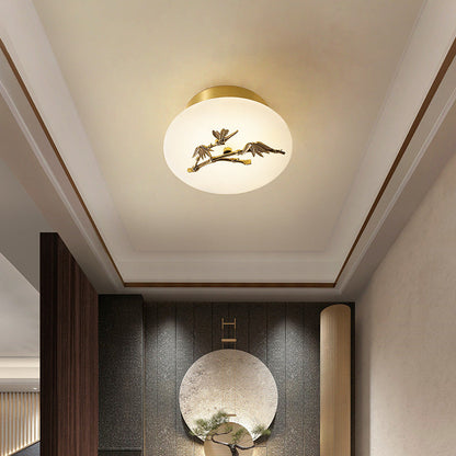 Traditional Chinese Round Brass Marble Lucky Cloud Bird Leaf Tree Flower LED Semi-Flush Mount Ceiling Light For Hallway