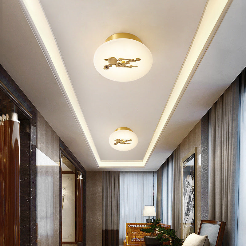 Traditional Chinese Round Brass Marble Lucky Cloud Bird Leaf Tree Flower LED Semi-Flush Mount Ceiling Light For Hallway