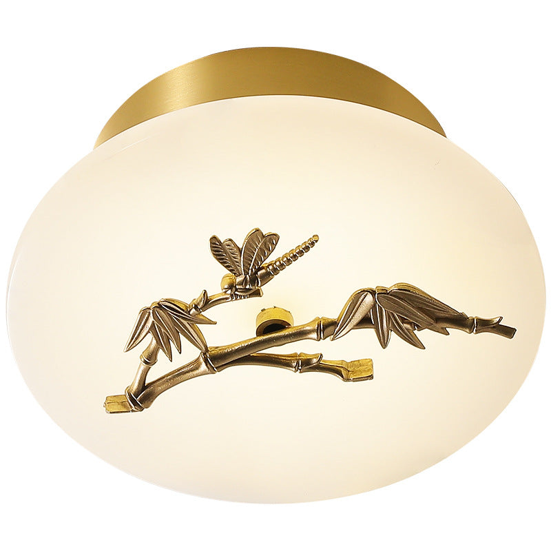 Traditional Chinese Round Brass Marble Lucky Cloud Bird Leaf Tree Flower LED Semi-Flush Mount Ceiling Light For Hallway