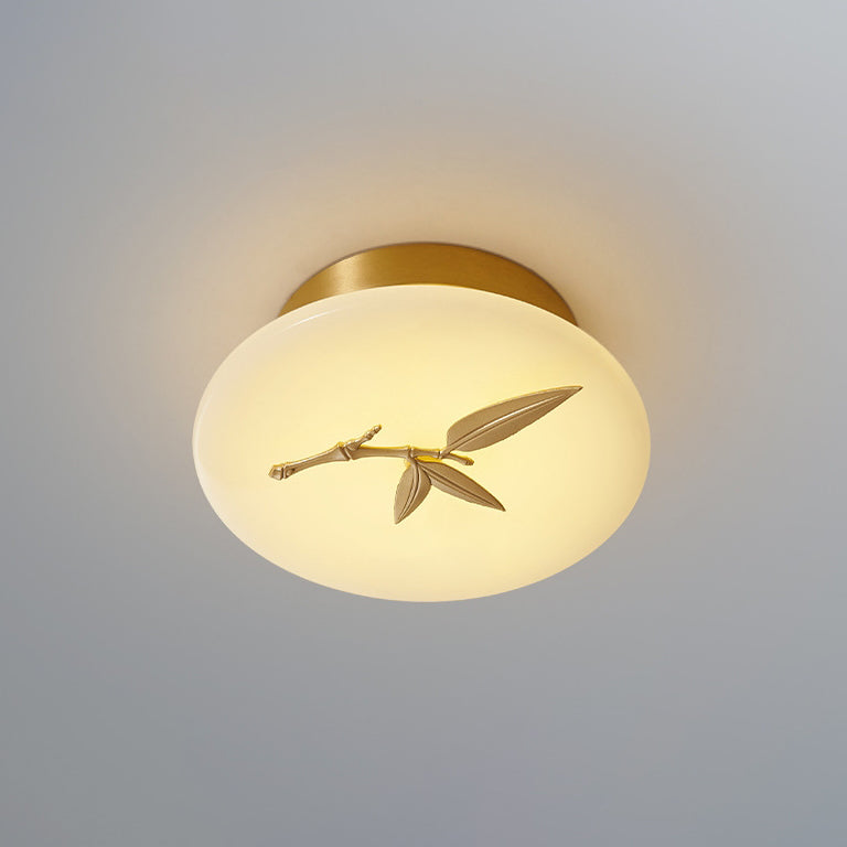 Traditional Chinese Round Brass Marble Lucky Cloud Bird Leaf Tree Flower LED Semi-Flush Mount Ceiling Light For Hallway