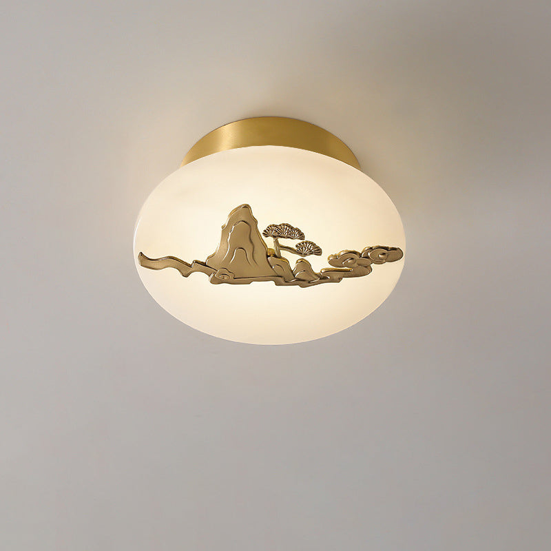 Traditional Chinese Round Brass Marble Lucky Cloud Bird Leaf Tree Flower LED Semi-Flush Mount Ceiling Light For Hallway